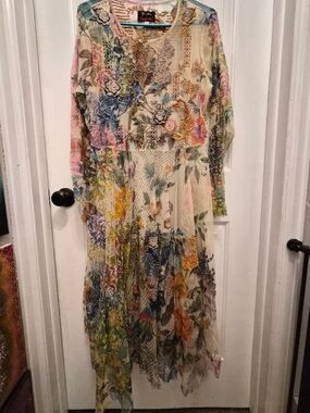 Johnny Was Floral Multicolor Long Sleeve MIDI Dress - Cream Base